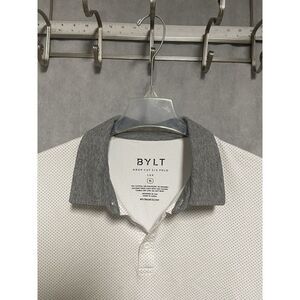 BYLT Polo Shirt Men‎ XL White Gray Lux Drop Cut Polka Dot Contrast Golf Athletic